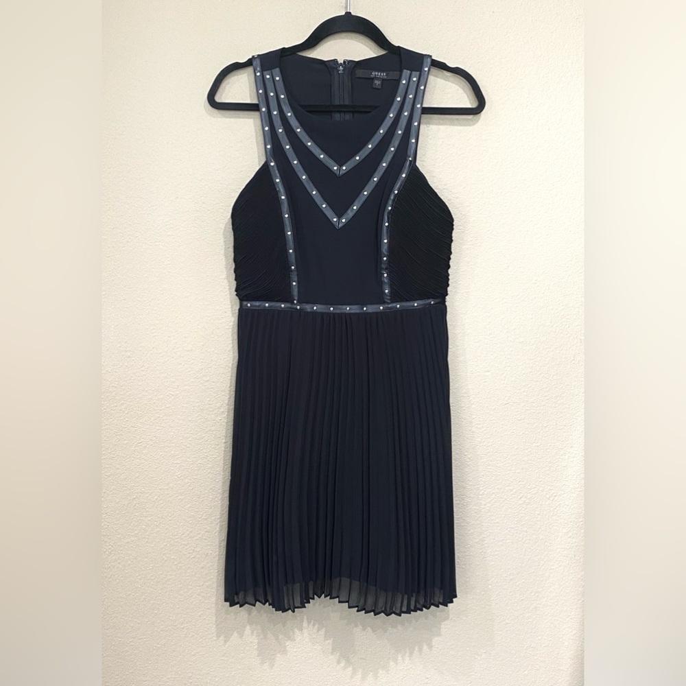 GUESS los angeles womens black dress pleated chiffon studded trim sleeveless 6